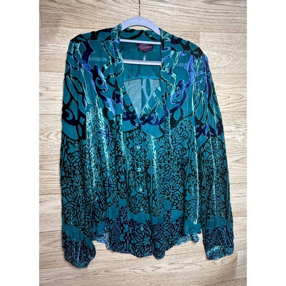 Hale Bob Tops - Hale Bob Velvet Burnout Teal Boho Blouse L Luxe Festival Silk Floral 2INT2981